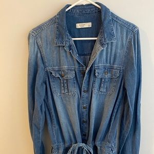 Denim romper with pockets and adjustable waist tie